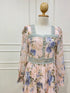Floral Print Lacey Border Elegant Square Neck Long Sleeves Sundress